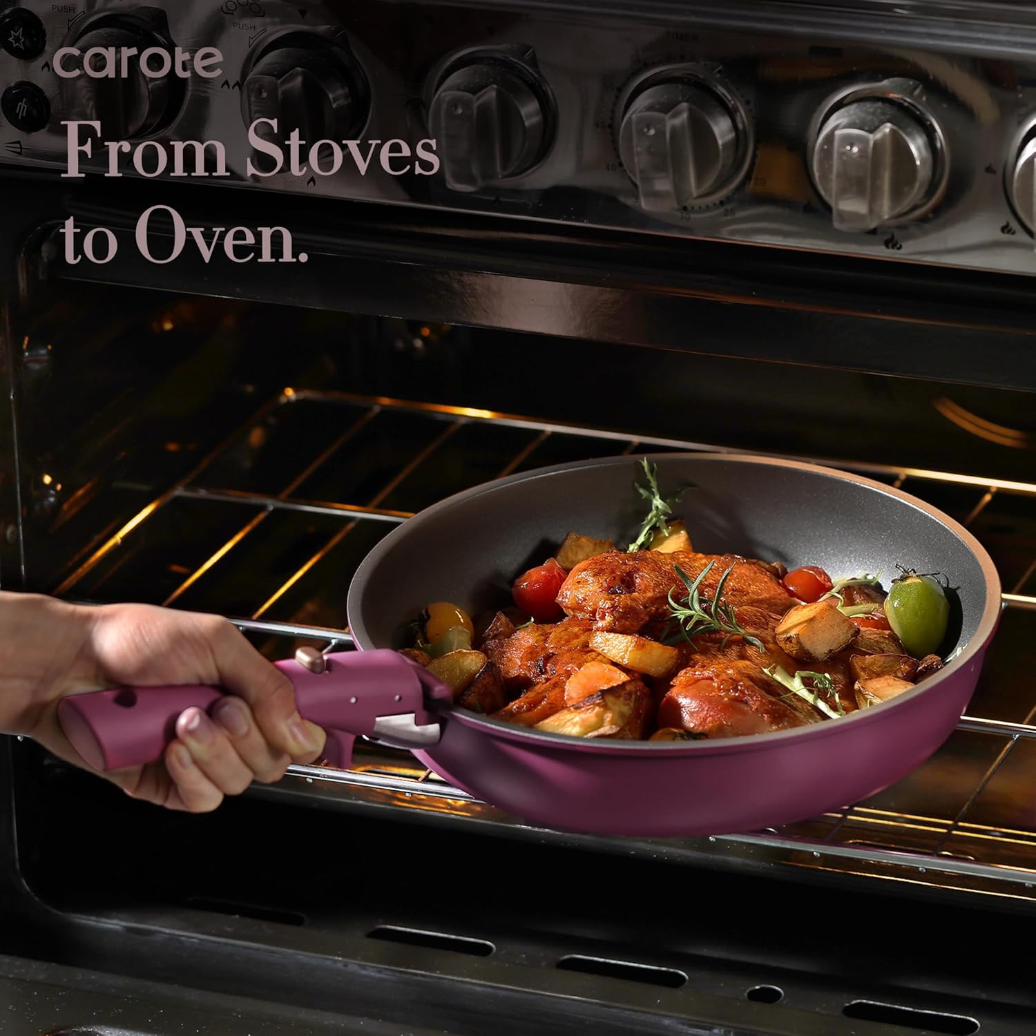 CAROTE 21pcs Pots and Pans Set, Nonstick Cookware Set Detachable Handle, Induction Kitchen Cookware Sets Non Stick with Removable Handle, RV Cookware Set, Gold and Purple image 5