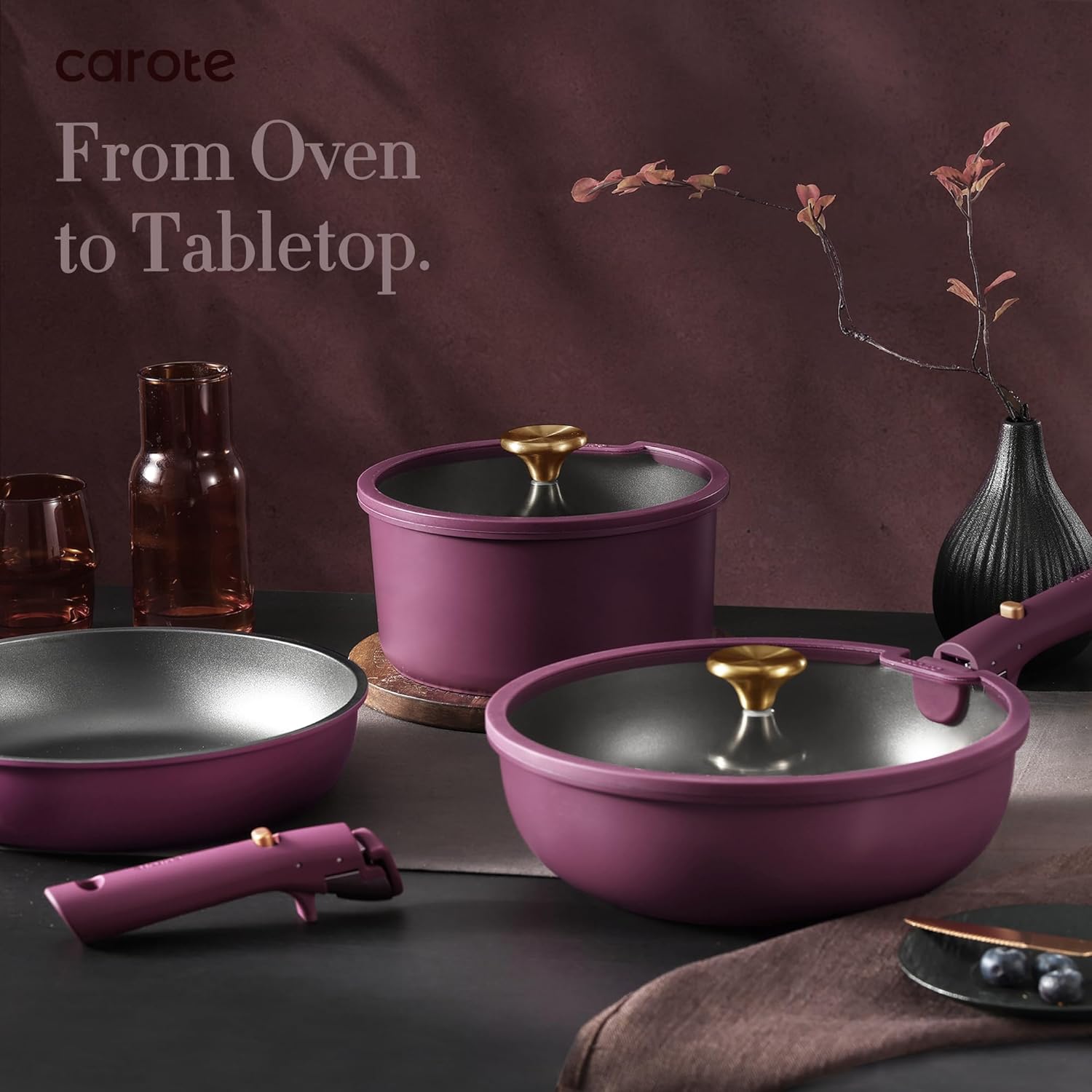 CAROTE 21pcs Pots and Pans Set, Nonstick Cookware Set Detachable Handle, Induction Kitchen Cookware Sets Non Stick with Removable Handle, RV Cookware Set, Gold and Purple image 6
