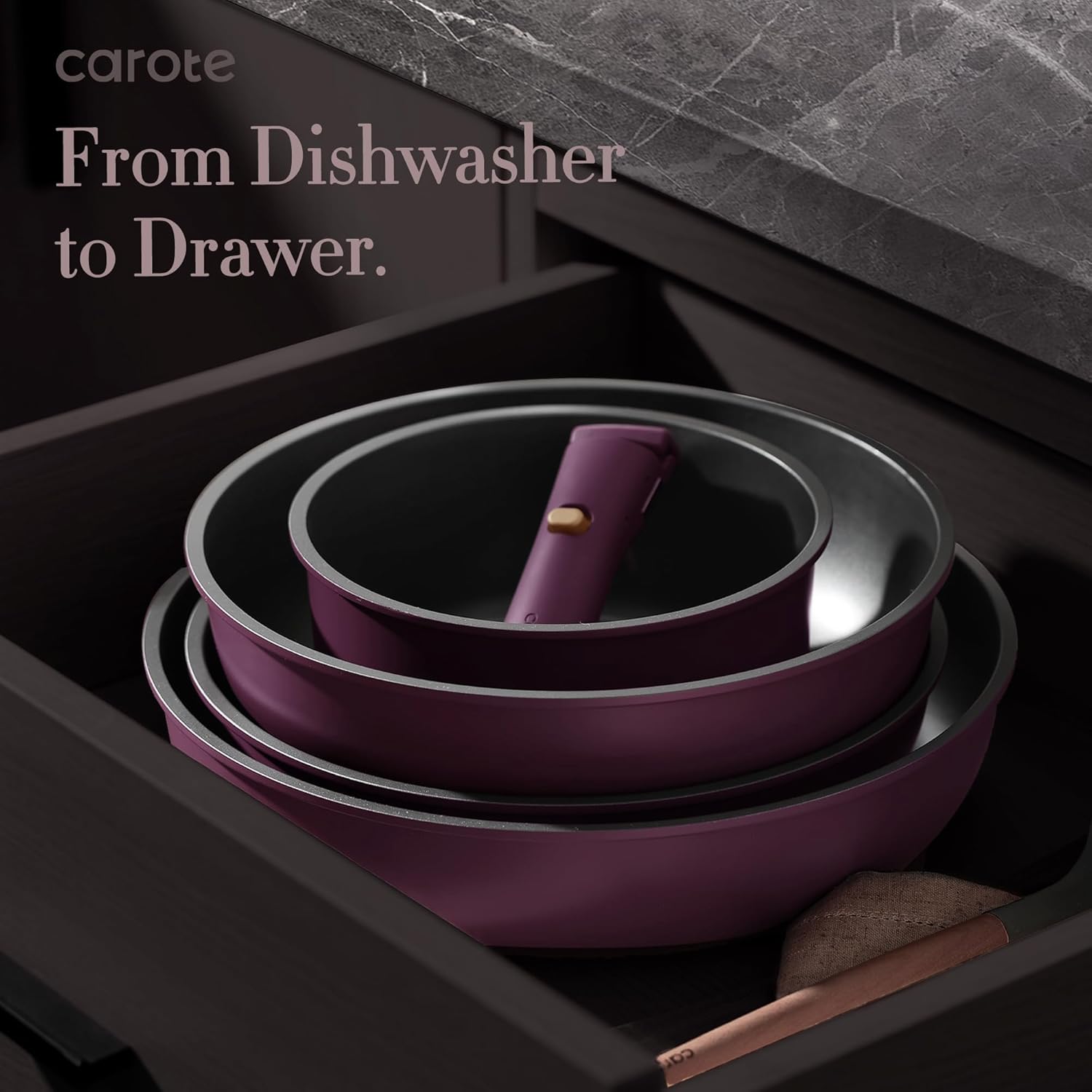 CAROTE 21pcs Pots and Pans Set, Nonstick Cookware Set Detachable Handle, Induction Kitchen Cookware Sets Non Stick with Removable Handle, RV Cookware Set, Gold and Purple image 8