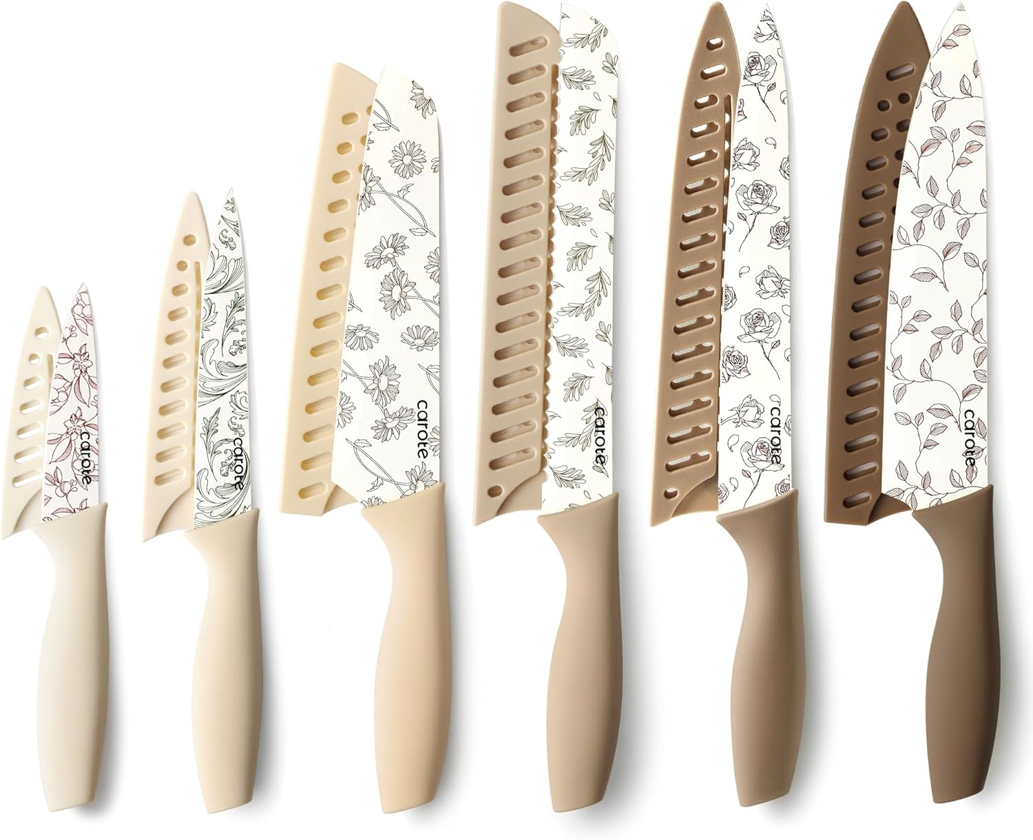 CAROTE 12PCS Knife Set, Kitchen Knife Set with 6 Blade Guards, Stainless Steel Knives Set With Nonstick Ceramic Coating, Rustproof, Delicate Floral Designs, White image 1