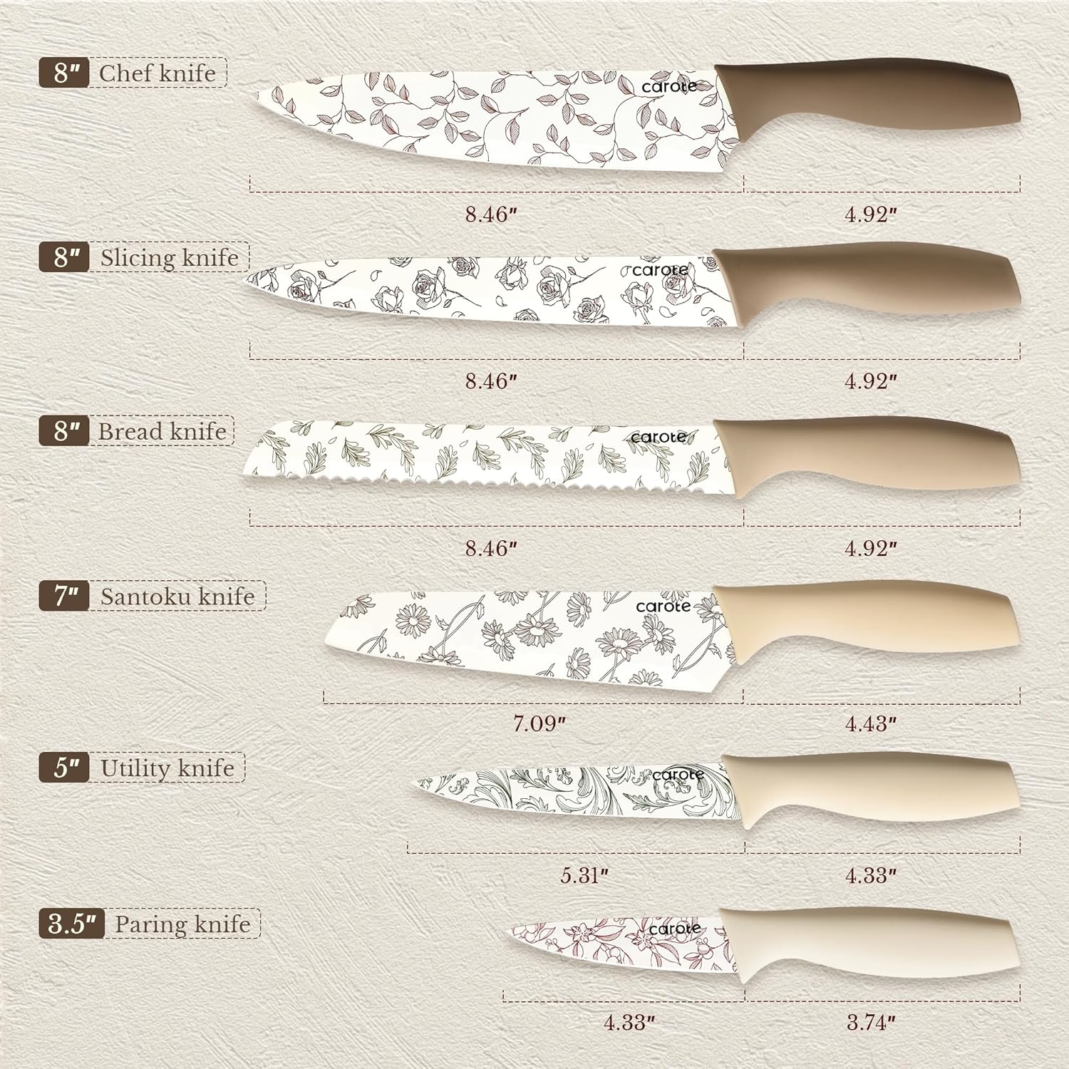 CAROTE 12PCS Knife Set, Kitchen Knife Set with 6 Blade Guards, Stainless Steel Knives Set With Nonstick Ceramic Coating, Rustproof, Delicate Floral Designs, White image 2