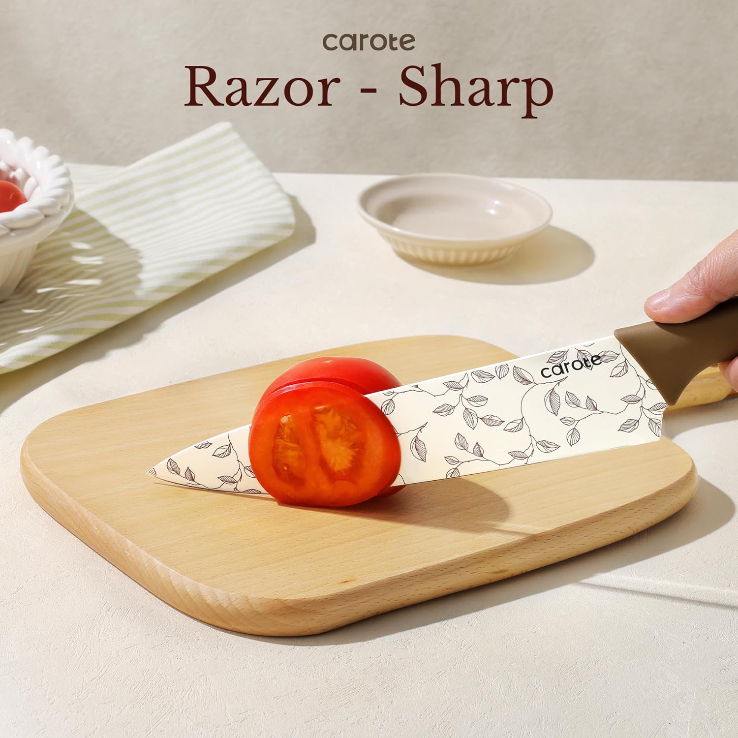CAROTE 12PCS Knife Set, Kitchen Knife Set with 6 Blade Guards, Stainless Steel Knives Set With Nonstick Ceramic Coating, Rustproof, Delicate Floral Designs, White image 3