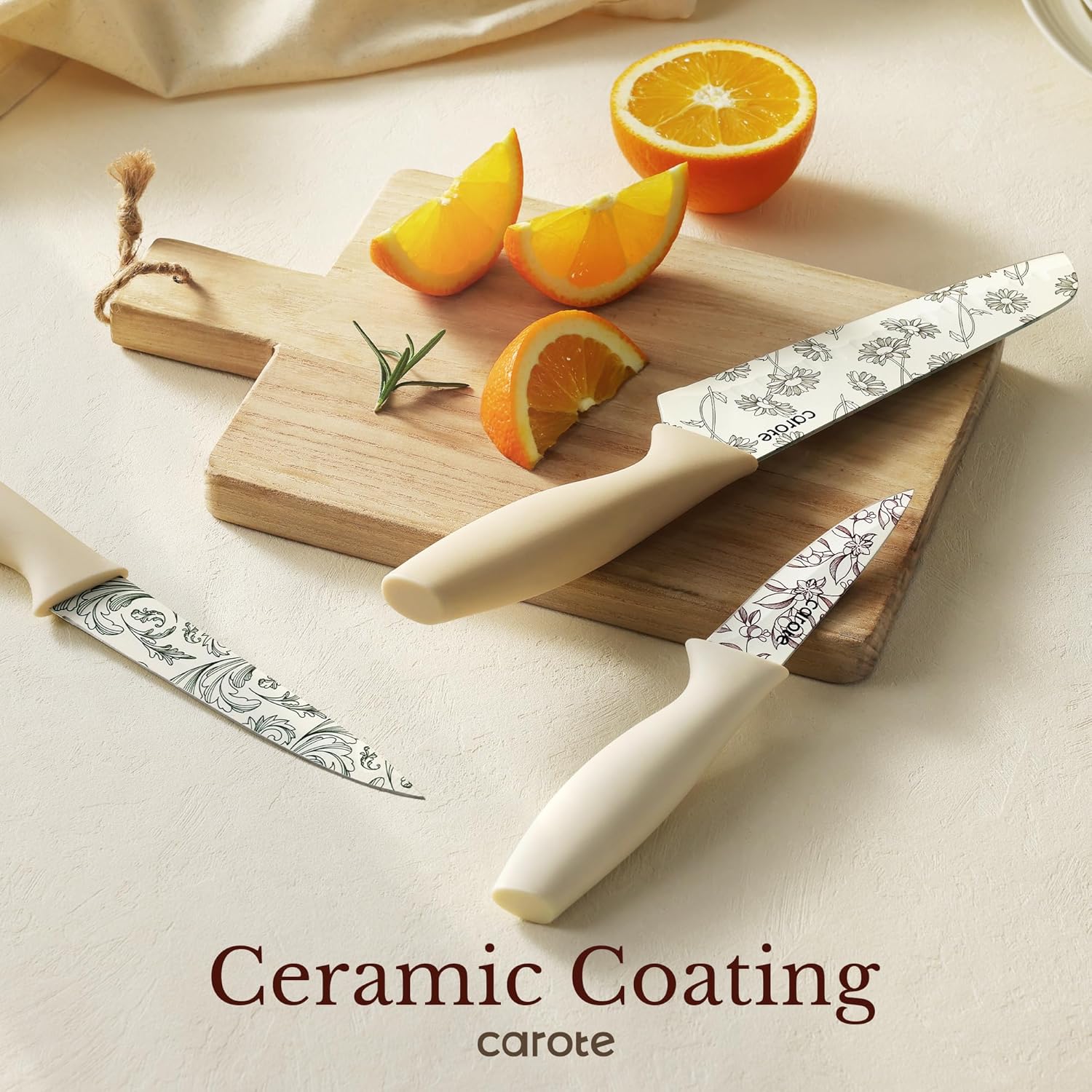CAROTE 12PCS Knife Set, Kitchen Knife Set with 6 Blade Guards, Stainless Steel Knives Set With Nonstick Ceramic Coating, Rustproof, Delicate Floral Designs, White image 5