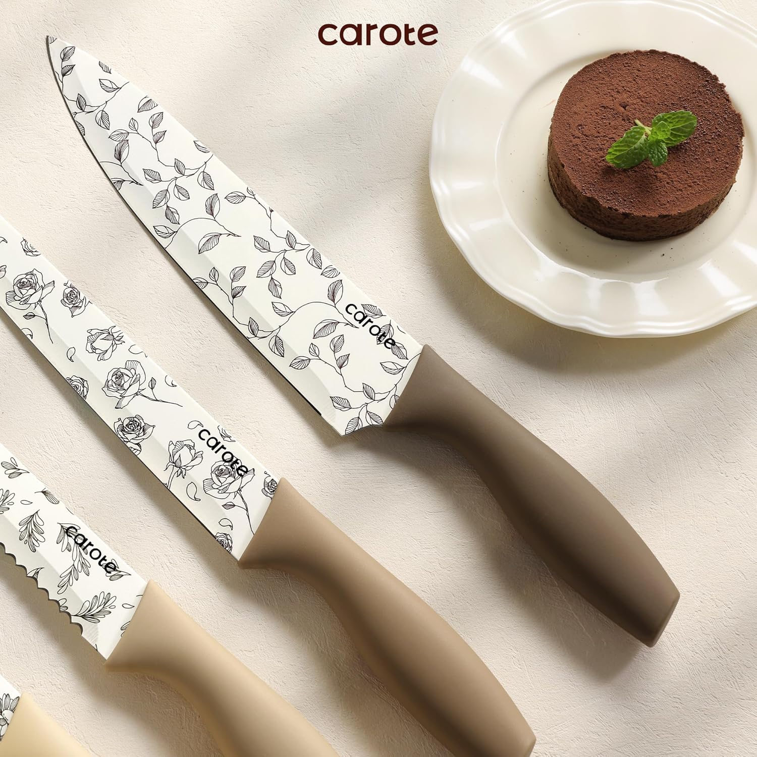 CAROTE 12PCS Knife Set, Kitchen Knife Set with 6 Blade Guards, Stainless Steel Knives Set With Nonstick Ceramic Coating, Rustproof, Delicate Floral Designs, White image 6