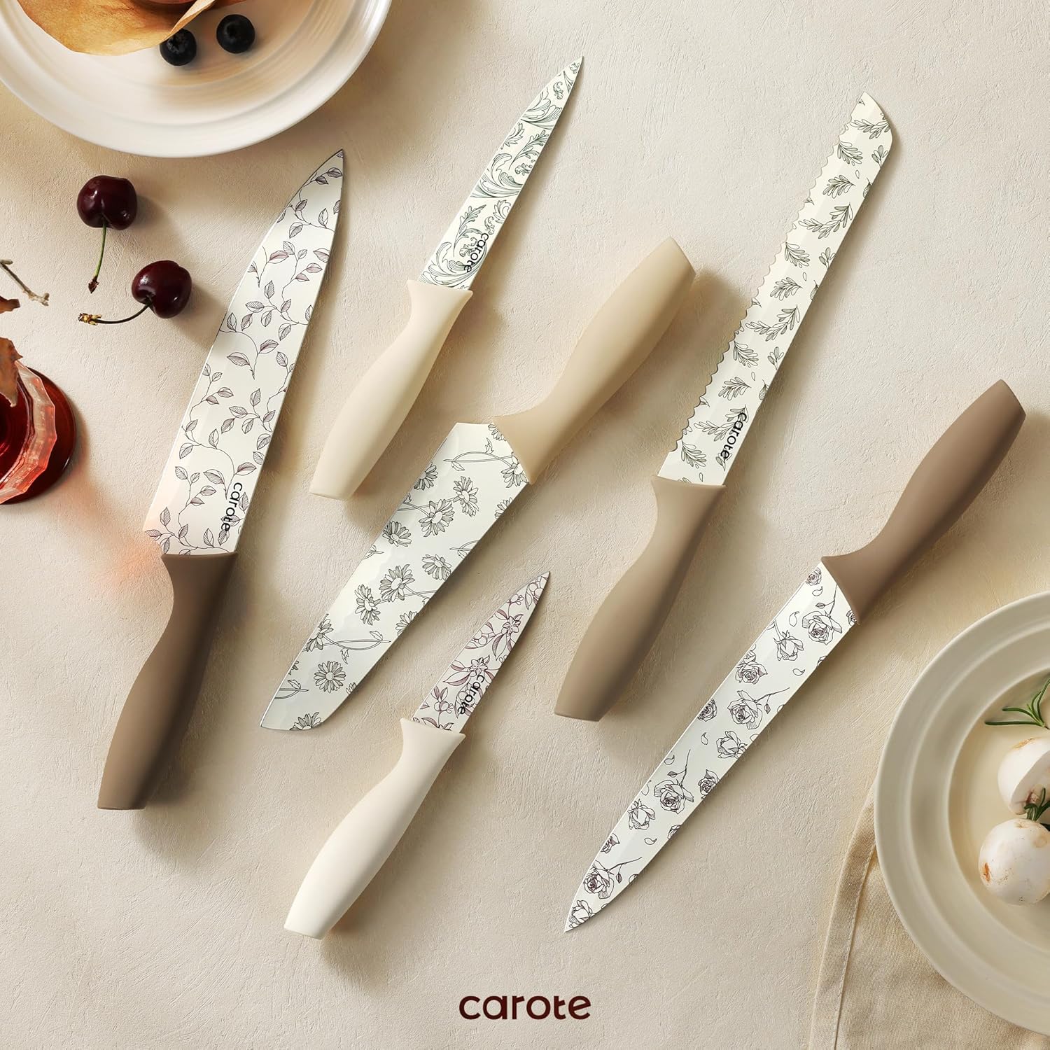 CAROTE 12PCS Knife Set, Kitchen Knife Set with 6 Blade Guards, Stainless Steel Knives Set With Nonstick Ceramic Coating, Rustproof, Delicate Floral Designs, White image 7