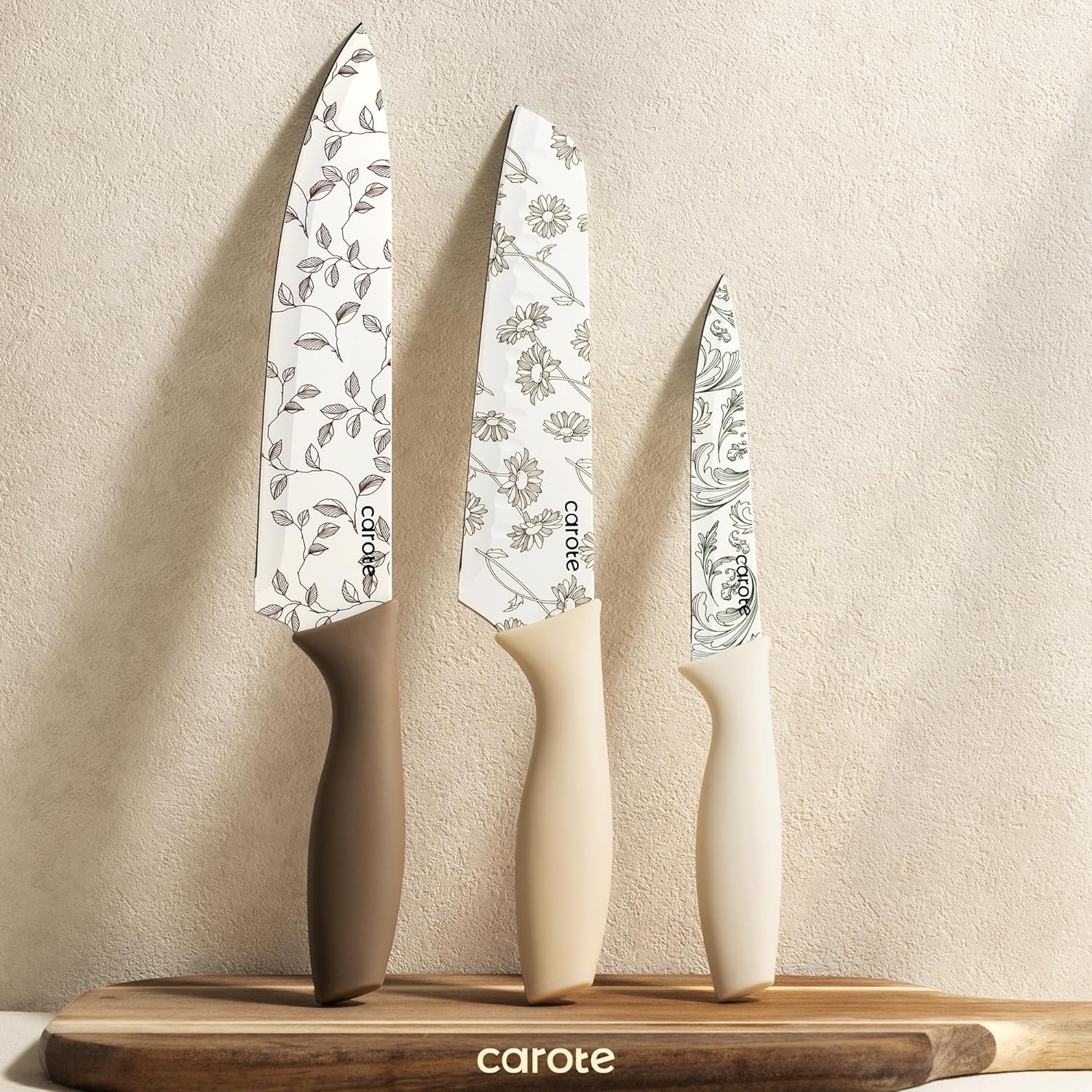 CAROTE 12PCS Knife Set, Kitchen Knife Set with 6 Blade Guards, Stainless Steel Knives Set With Nonstick Ceramic Coating, Rustproof, Delicate Floral Designs, White image 8