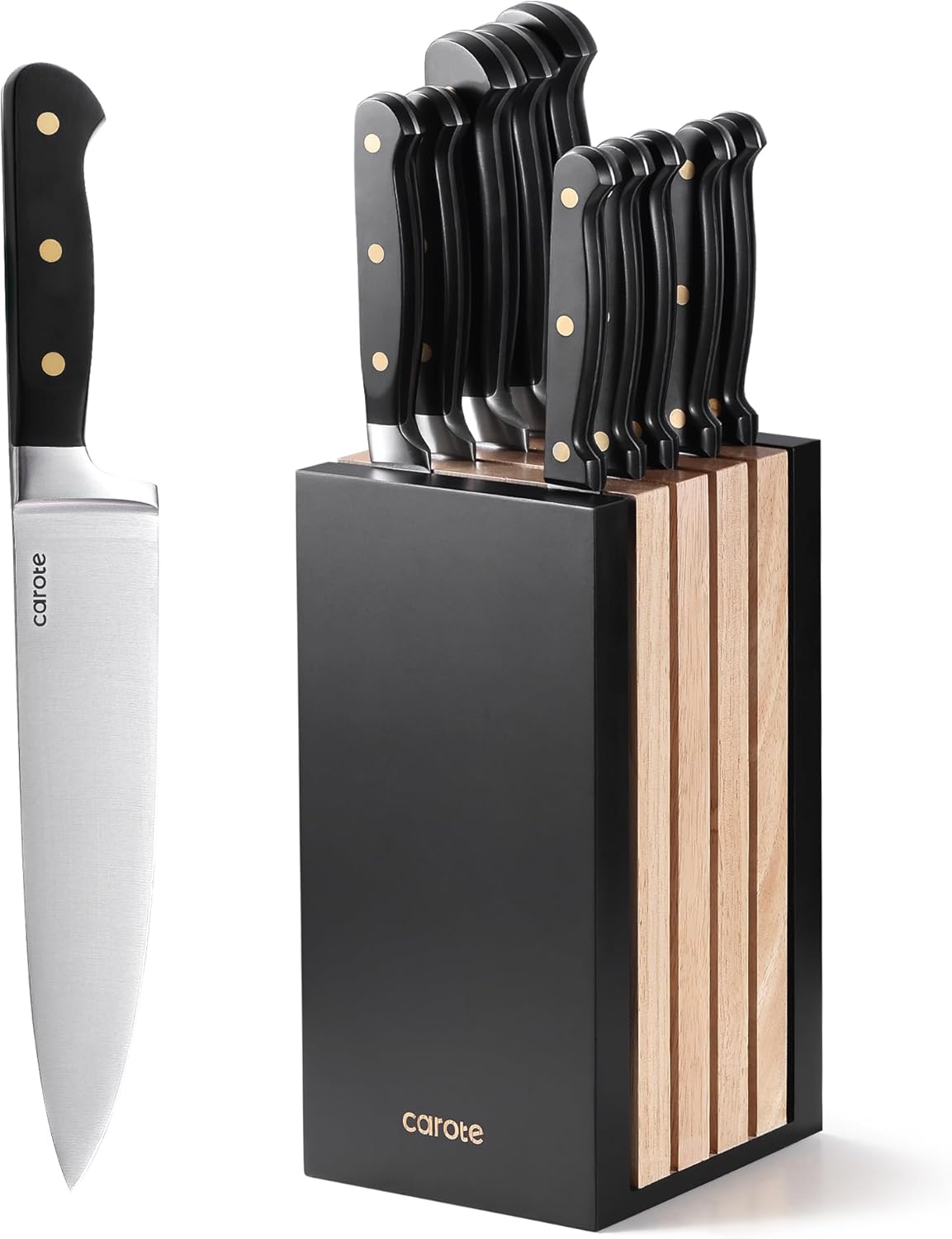 CAROTE 11 Pieces Knife Set with Block for kitchen, Stainless Steel Razor-Sharp Blade, Triple Riveted Ergonomic Handle, Wooden Magnetic Block, Essential Knife Block Set, Black image 1