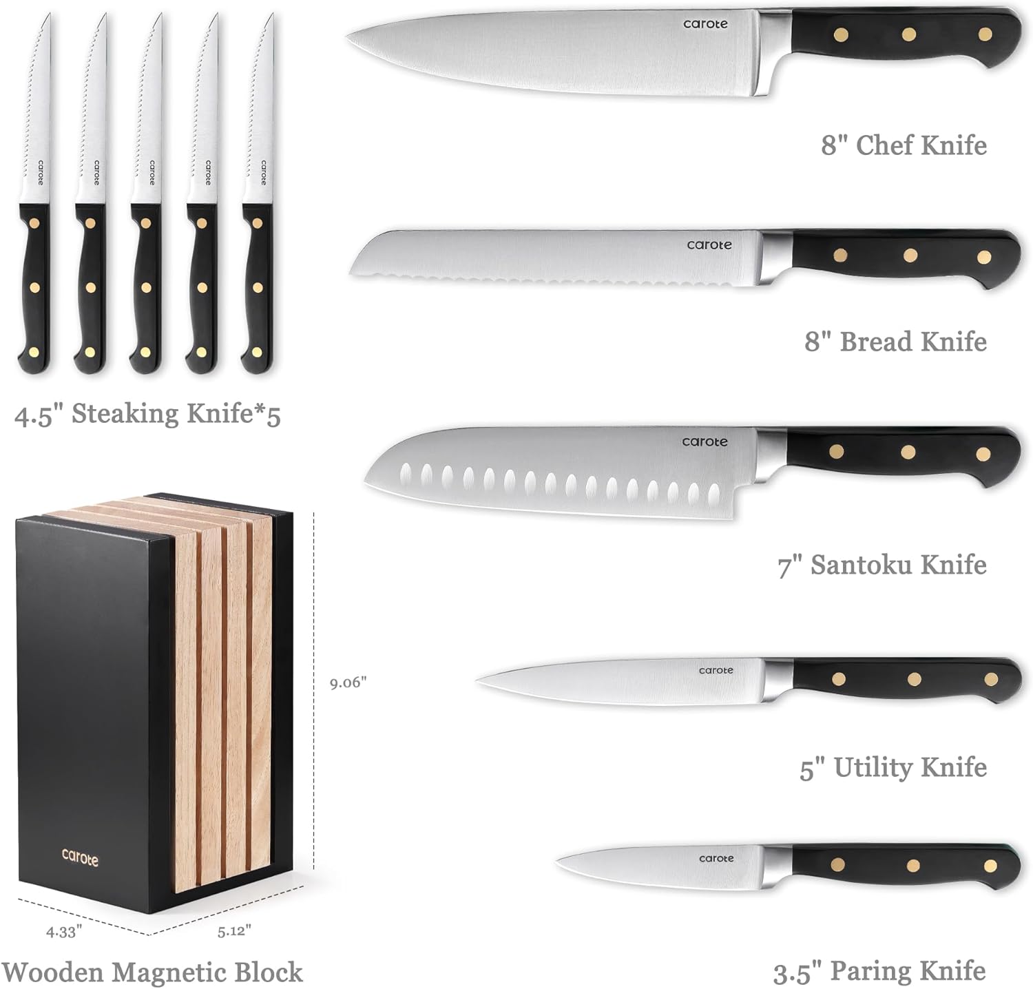 CAROTE 11 Pieces Knife Set with Block for kitchen, Stainless Steel Razor-Sharp Blade, Triple Riveted Ergonomic Handle, Wooden Magnetic Block, Essential Knife Block Set, Black image 2