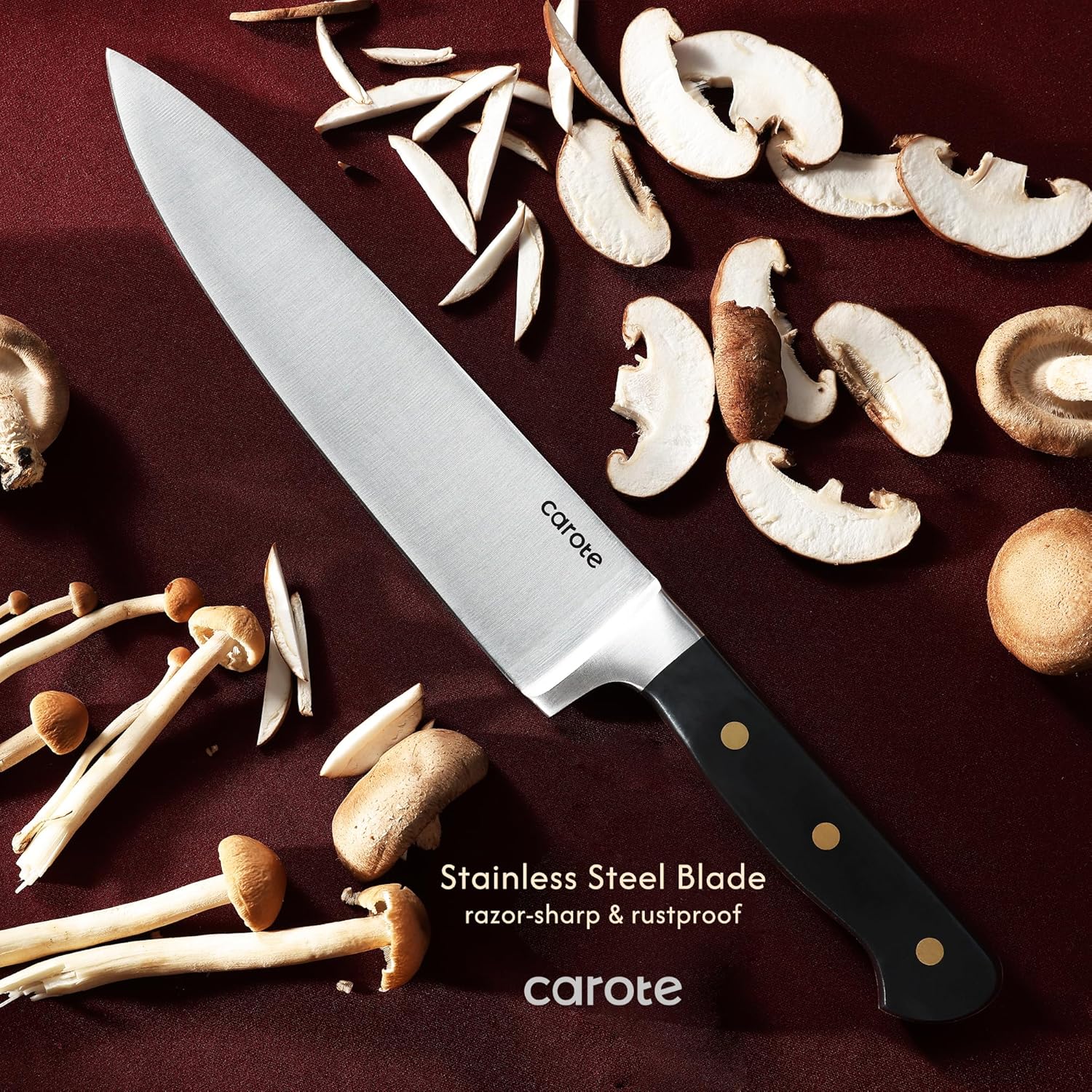 CAROTE 11 Pieces Knife Set with Block for kitchen, Stainless Steel Razor-Sharp Blade, Triple Riveted Ergonomic Handle, Wooden Magnetic Block, Essential Knife Block Set, Black image 3