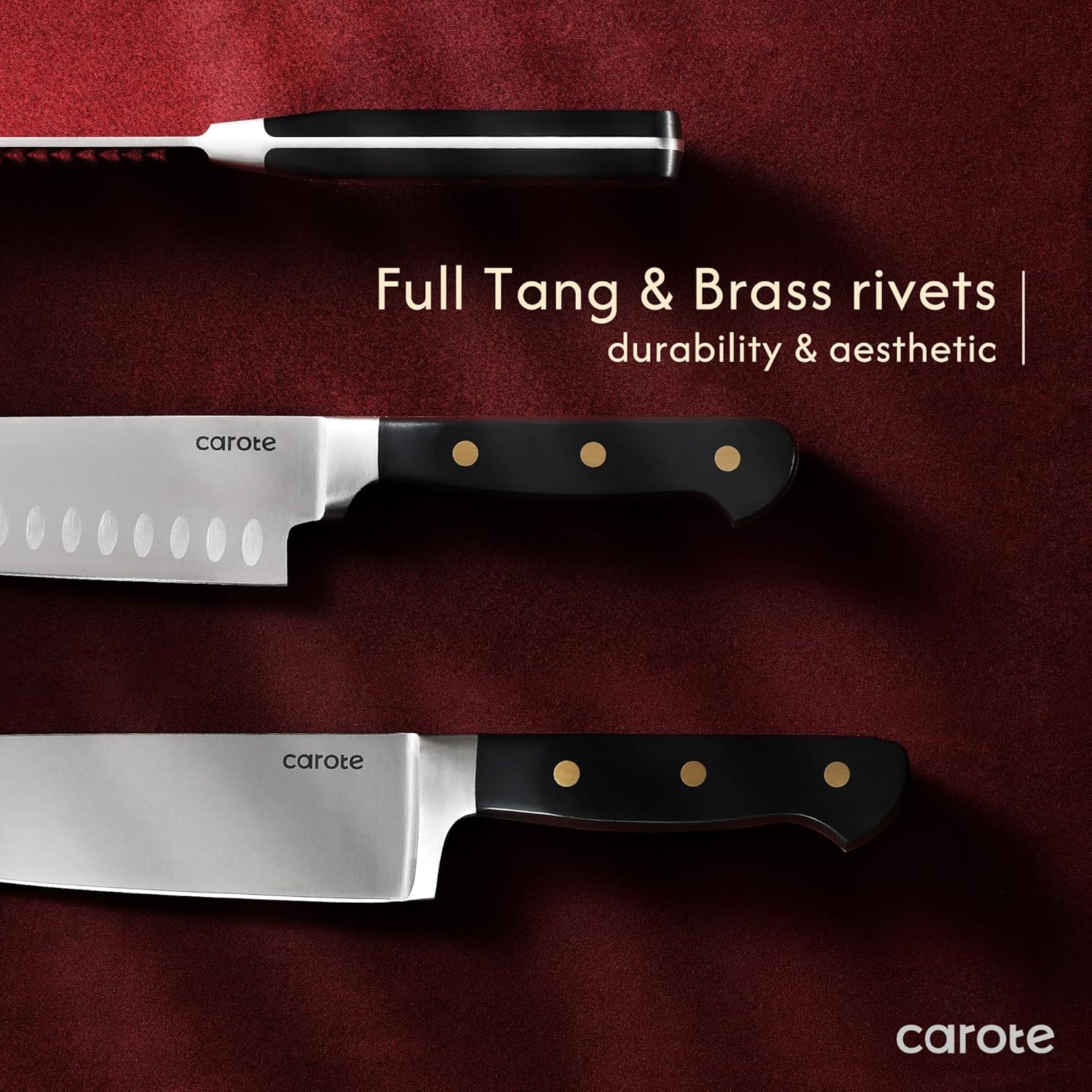 CAROTE 11 Pieces Knife Set with Block for kitchen, Stainless Steel Razor-Sharp Blade, Triple Riveted Ergonomic Handle, Wooden Magnetic Block, Essential Knife Block Set, Black image 4