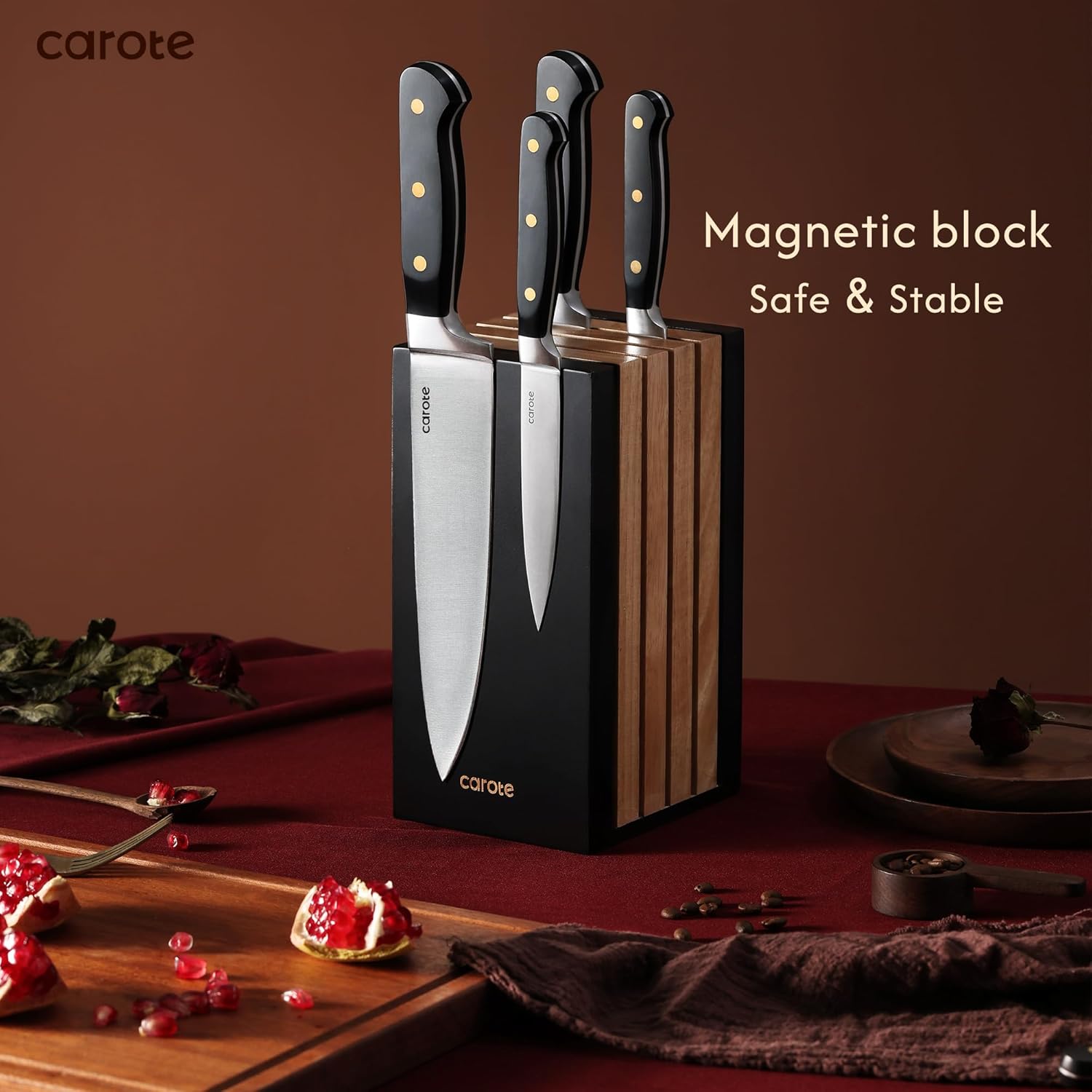 CAROTE 11 Pieces Knife Set with Block for kitchen, Stainless Steel Razor-Sharp Blade, Triple Riveted Ergonomic Handle, Wooden Magnetic Block, Essential Knife Block Set, Black image 5
