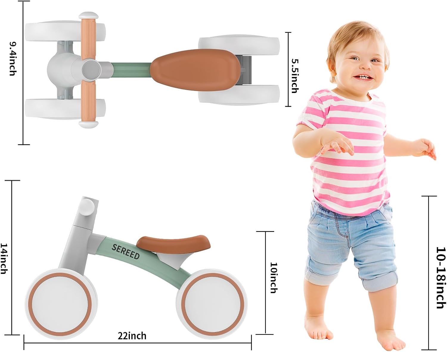 SEREED Baby Balance Bike for 1 Year Old Boys Girls 12-24 Month Toddler Balance Bike, 4 Wheels Toddler First Bike, First Birthday Gifts image 2