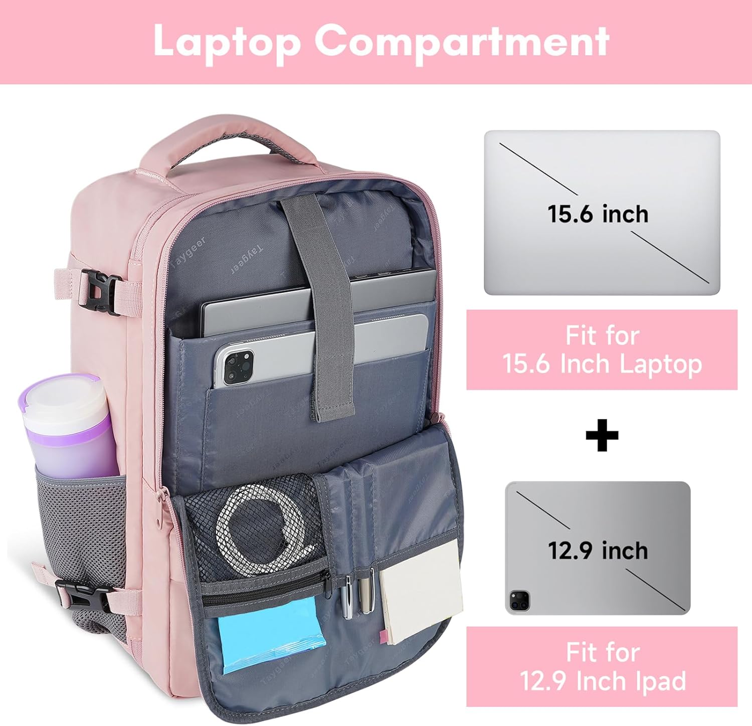Taygeer Travel Backpack for Women, Carry On Backpack with USB Charging Port & Shoe Pouch, TSA 15.6inch Laptop Mochila Flight Approved, Nurse Bag Casual Daypack for Weekender Business Hiking, Pink image 5