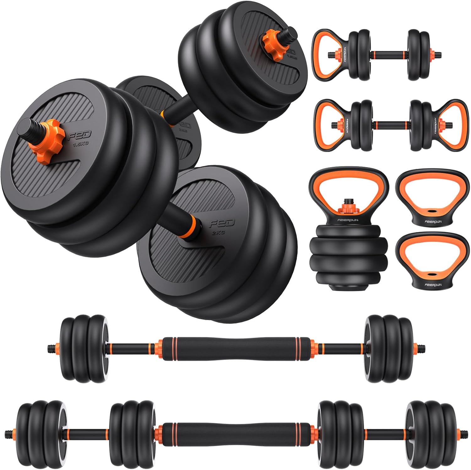 FEIERDUN Adjustable Dumbbells, 20/30/40/45/70/90lbs Free Weight Set with Connector, 5 in1 Dumbbells Set Used as Barbell, Kettlebells, Push up Stand, Weight Plate, Fitness Exercises for Home Gym Suitable Men/Women image 1