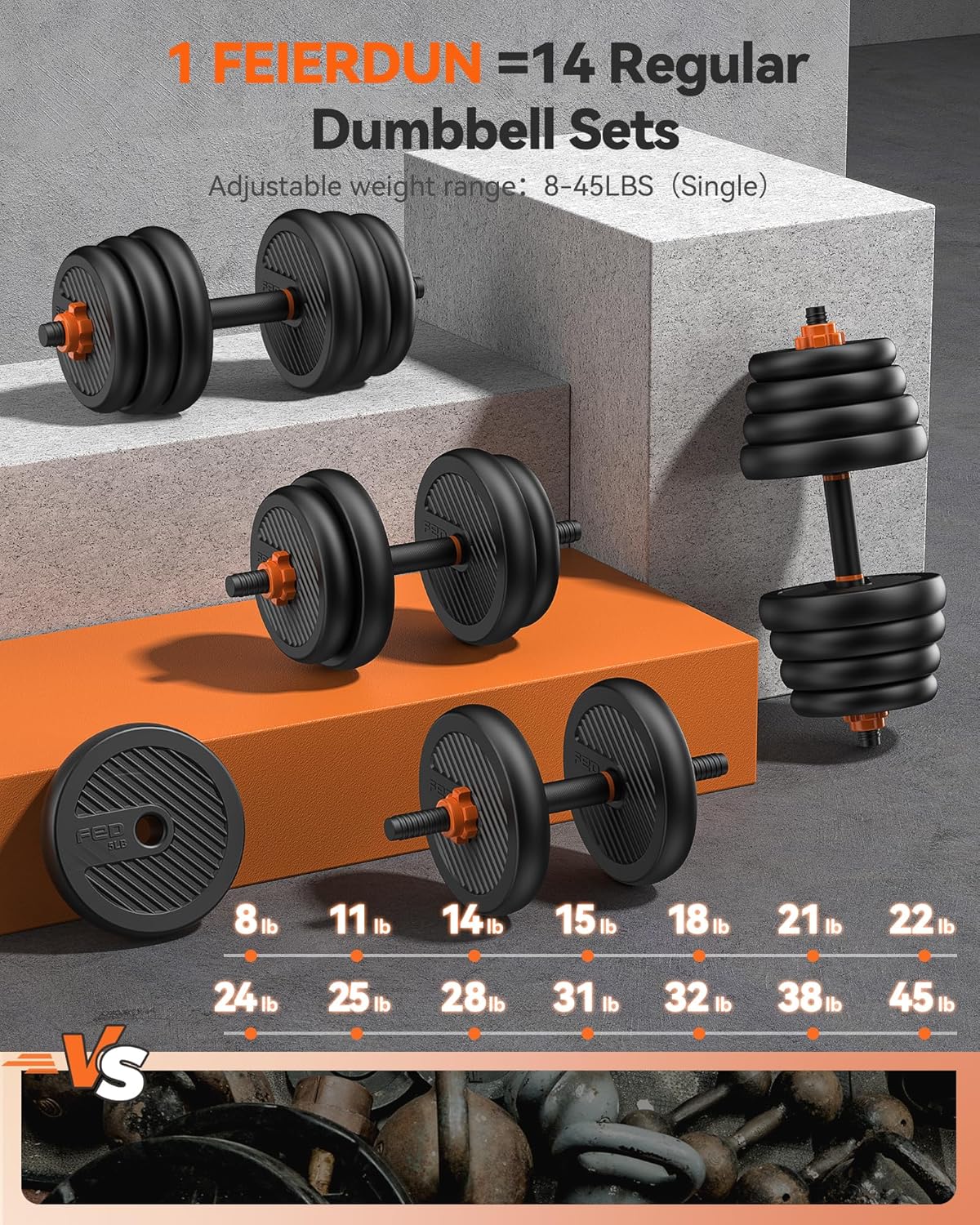 FEIERDUN Adjustable Dumbbells, 20/30/40/45/70/90lbs Free Weight Set with Connector, 5 in1 Dumbbells Set Used as Barbell, Kettlebells, Push up Stand, Weight Plate, Fitness Exercises for Home Gym Suitable Men/Women image 2