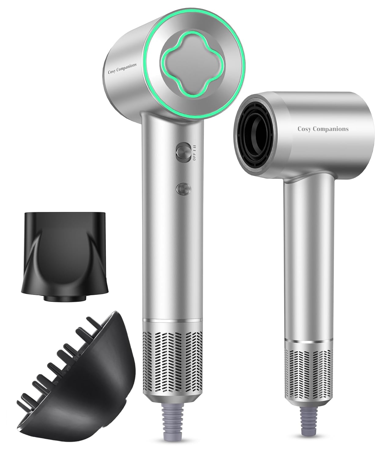 Hair Dryer - 150000 RPM High-Speed Brushless Motor Negative Ionic Blow Dryer for Fast Drying, Low Noise Thermo-Control Hair Dryer with Diffuser and Nozzle, Silvery image 1