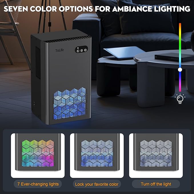 ToLife Dehumidifiers for Home 95 OZ Water Tank, 1000 sq.ft Dehumidifier for Basement Bedroom Bathroom with Auto Shut Off 7 Colors LED Light,Grey image 5