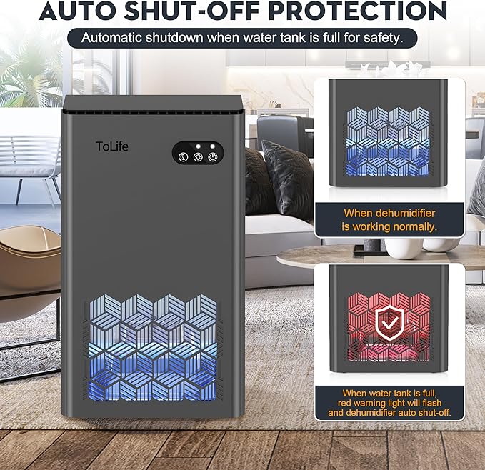 ToLife Dehumidifiers for Home 95 OZ Water Tank, 1000 sq.ft Dehumidifier for Basement Bedroom Bathroom with Auto Shut Off 7 Colors LED Light,Grey image 6
