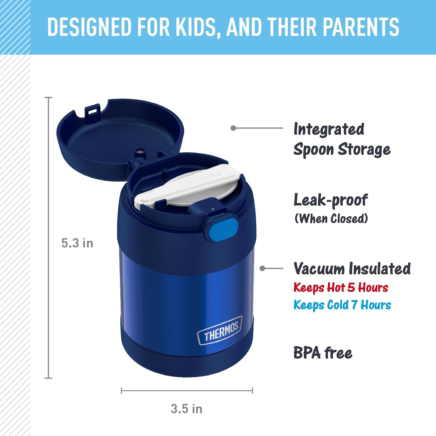 THERMOS FUNTAINER 10 Ounce Stainless Steel Vacuum Insulated Kids Food Jar with Folding Spoon, Navy image 2