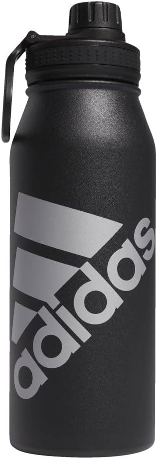 adidas 1 Liter (32 oz) Metal Water Bottle, Hot/Cold Double-Walled Insulated 18/8 Stainless Steel, Black/Silver Metallic, 32 Ounces image 1