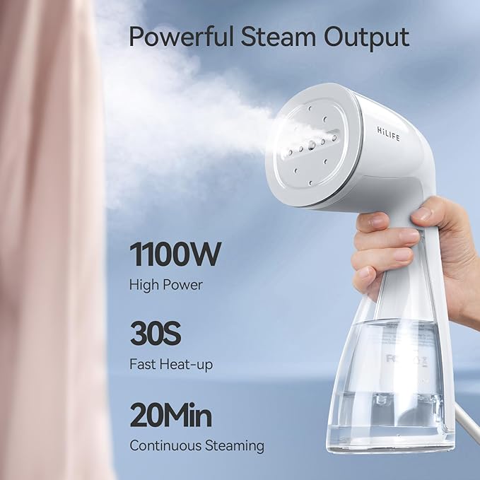 HiLIFE Steamer for Clothes, Handheld Clothes Steamer with Large 300ml Tank, 1100W Strong Power, 30S Fast Heat-up, Garment Fabric Wrinkle Remover, Portable & Compact Travel Size ONLY FOR 120V (White) image 2