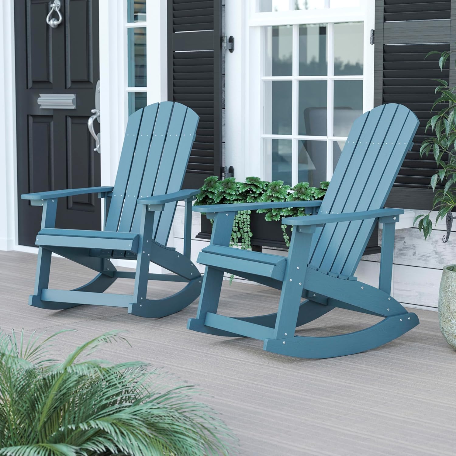 Flash Furniture Savannah Poly Resin Wood Adirondack Rocking Chair - All Weather Sea Foam Polystyrene - Stainless Steel Hardware - Set of 2 image 2