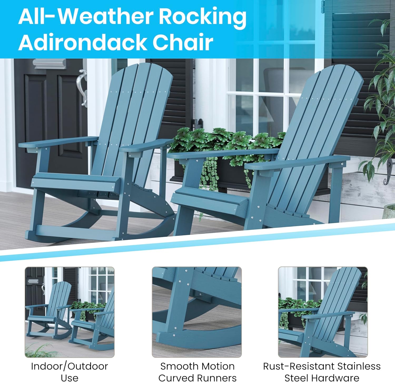 Flash Furniture Savannah Poly Resin Wood Adirondack Rocking Chair - All Weather Sea Foam Polystyrene - Stainless Steel Hardware - Set of 2 image 5