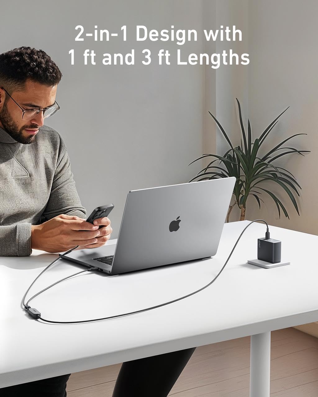 Anker Cable,4FT 2-in-1 USB C to USB C Cable 140W Max,Fast Charging for iPhone 16/16 Pro Max/15 Series,MacBook Air/Pro,and More(Braided,Black) image 2