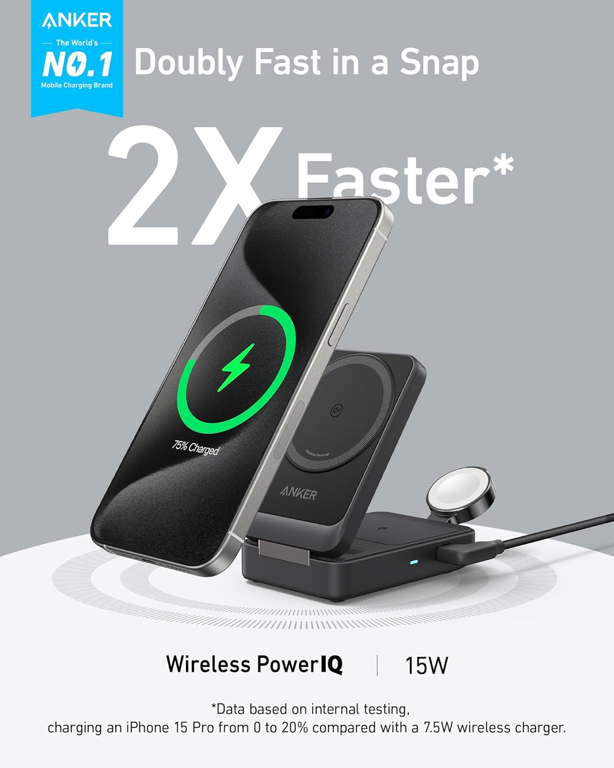 Anker MagGo 3 in 1 iPhone 16 Charging Station, MagSafe-Compatible Wireless Charger Stand, Qi2 Certified 15W Foldable Charger for iPhone 15, AirPods, Apple Watch 9 (Not a Power Bank, Adapter Included) image 2