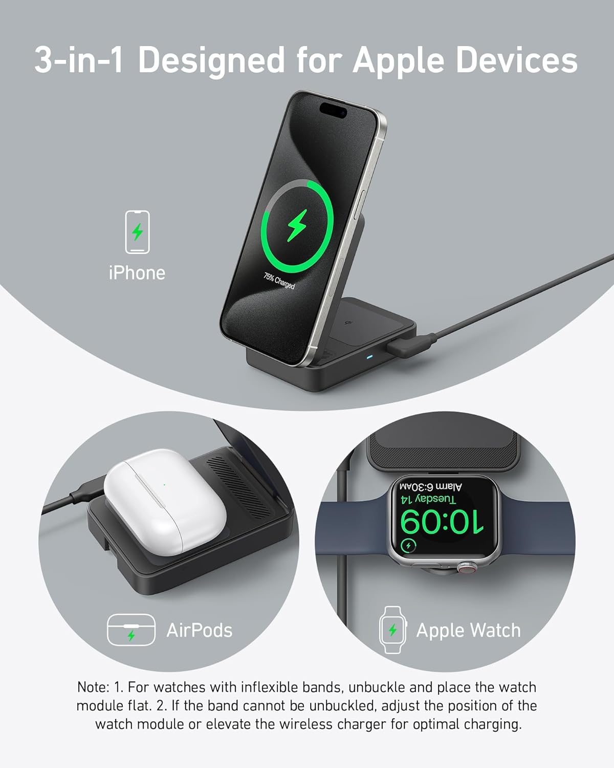 Anker MagGo 3 in 1 iPhone 16 Charging Station, MagSafe-Compatible Wireless Charger Stand, Qi2 Certified 15W Foldable Charger for iPhone 15, AirPods, Apple Watch 9 (Not a Power Bank, Adapter Included) image 6