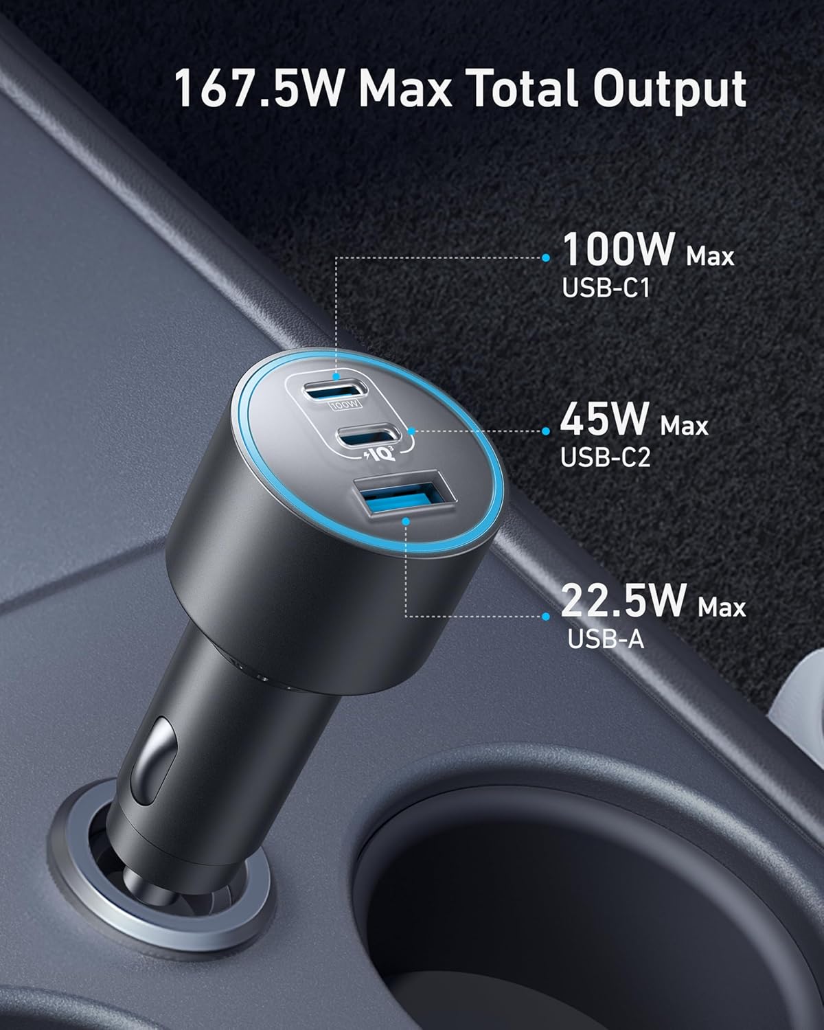 Anker iPhone 16 USB-C Car Charger, 167.5W Max 3-Port Ultra-Compact Type-C Fast Car Charger for MacBook Pro/Air, iPhone 15/14/13 Series, Samsung S24/S23, iPad Pro, AirPods and More image 2