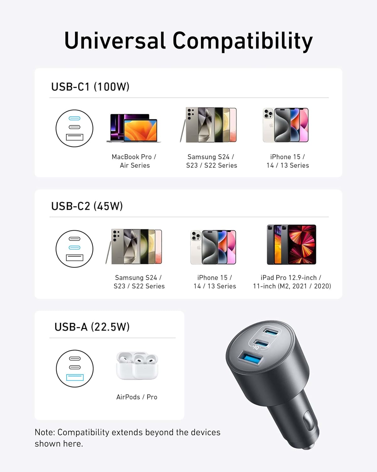 Anker iPhone 16 USB-C Car Charger, 167.5W Max 3-Port Ultra-Compact Type-C Fast Car Charger for MacBook Pro/Air, iPhone 15/14/13 Series, Samsung S24/S23, iPad Pro, AirPods and More image 7