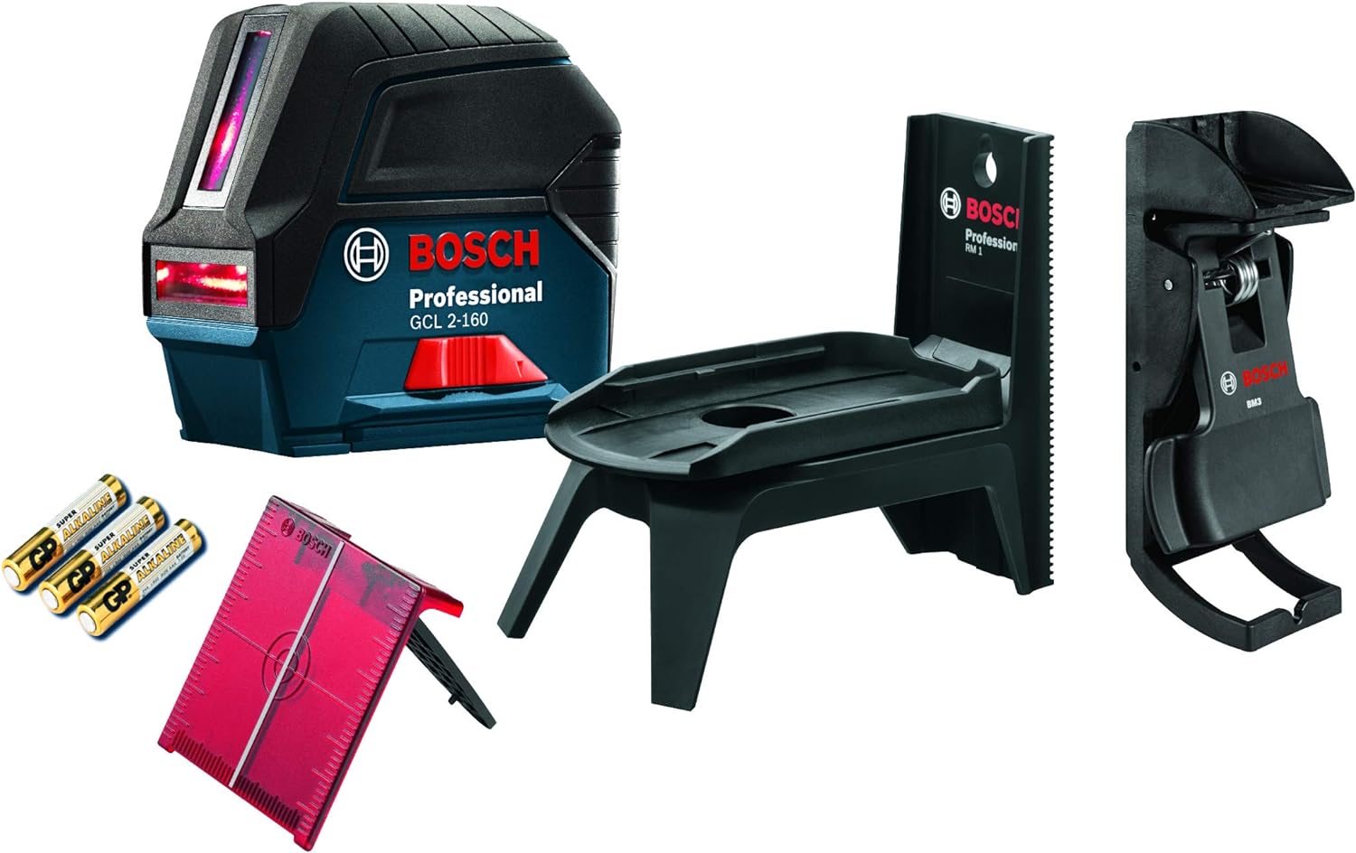 BOSCH GCL 2-160 65 Ft Self-Leveling Cross-Line Laser with Plumb Points, Includes Magnetic Rotating Mount, Ceiling Grid Clip, Laser Target Plate, 3 AA Batteries, & Hard Carrying Case image 3