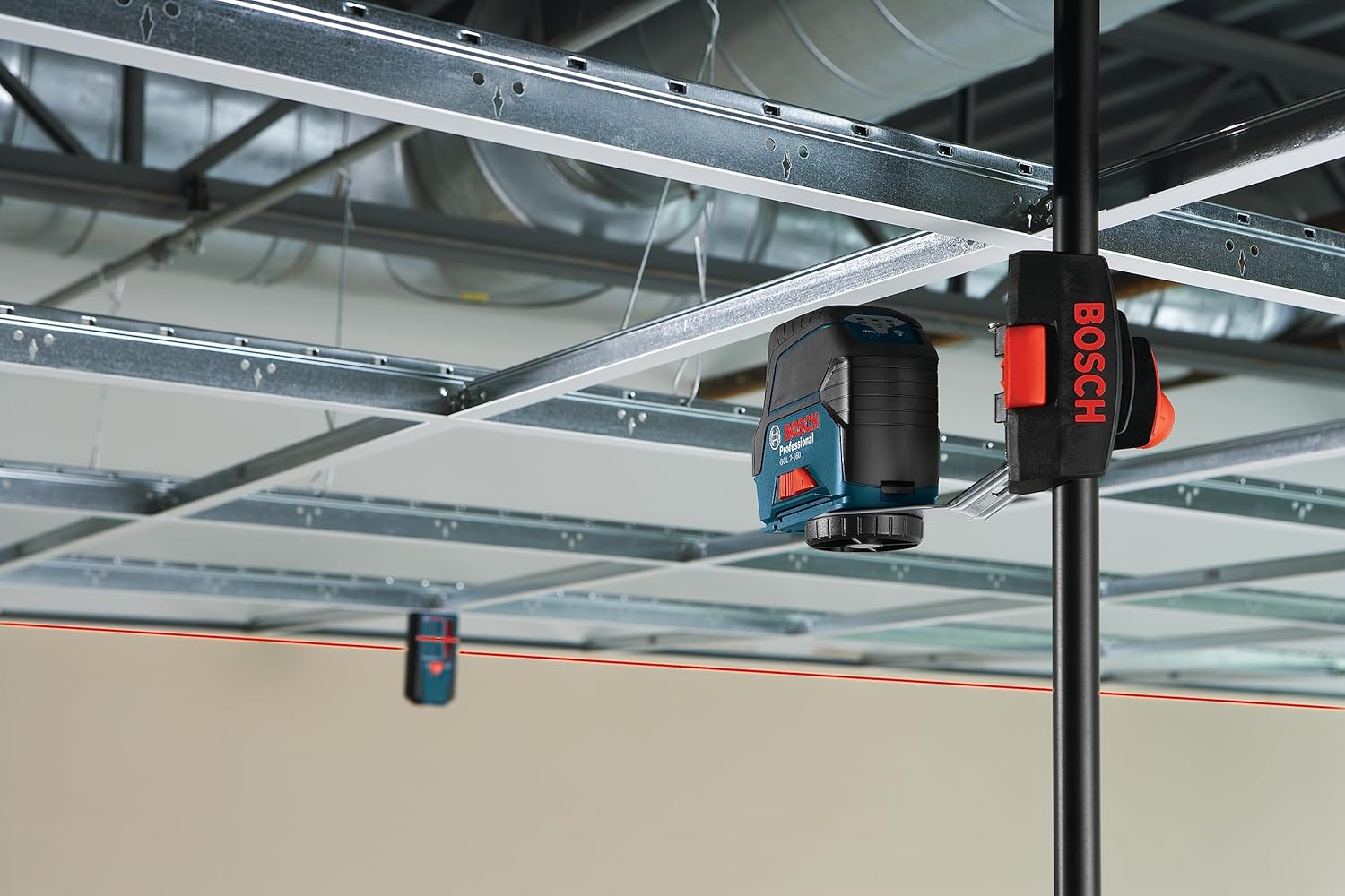 BOSCH GCL 2-160 65 Ft Self-Leveling Cross-Line Laser with Plumb Points, Includes Magnetic Rotating Mount, Ceiling Grid Clip, Laser Target Plate, 3 AA Batteries, & Hard Carrying Case image 14
