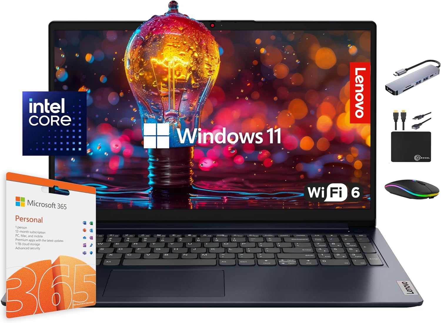 Lenovo IdeaPad Laptop Computer 2025, 15.6" Display, 12GB RAM, 1.1TB Storage (500GB SSD + 128GB eMMC + 500GB Ext), Intel Dual Core Processor, Long Battery, MarxsolAccessory, 1 Year Office 365, Win 11 image 1