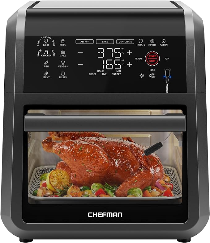 CHEFMAN ExacTemp™ 12 Quart 5-in-1 Air Fryer with Integrated Smart Cooking Thermometer, 28 Touchscreen Presets, Rotisserie, Dehydrator, Bake, XL Convection Oven with Auto Shutoff, Black image 1