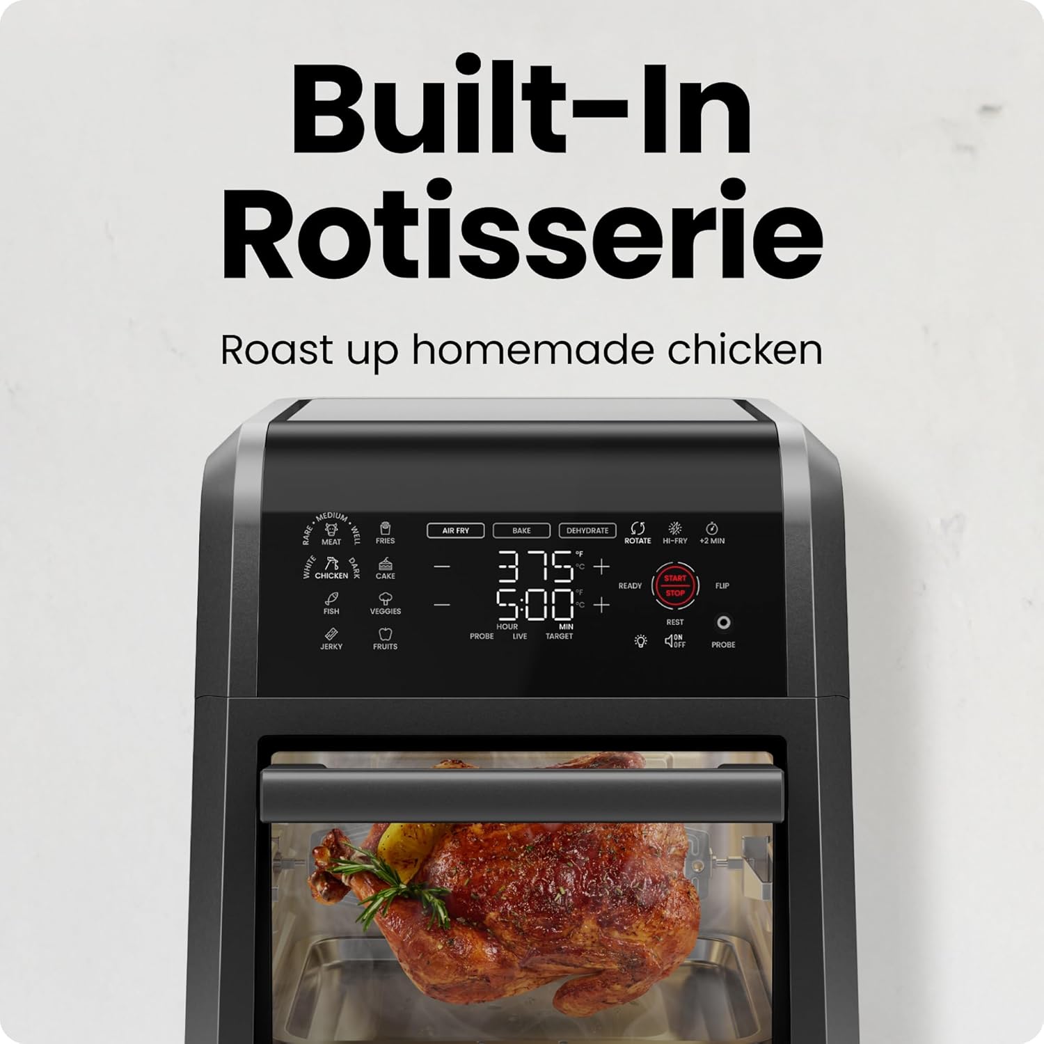 CHEFMAN ExacTemp™ 12 Quart 5-in-1 Air Fryer with Integrated Smart Cooking Thermometer, 28 Touchscreen Presets, Rotisserie, Dehydrator, Bake, XL Convection Oven with Auto Shutoff, Black image 6