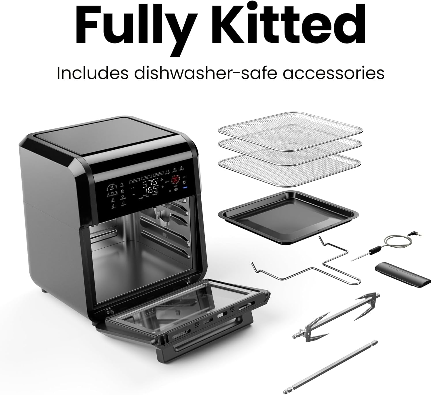 CHEFMAN ExacTemp™ 12 Quart 5-in-1 Air Fryer with Integrated Smart Cooking Thermometer, 28 Touchscreen Presets, Rotisserie, Dehydrator, Bake, XL Convection Oven with Auto Shutoff, Black image 8