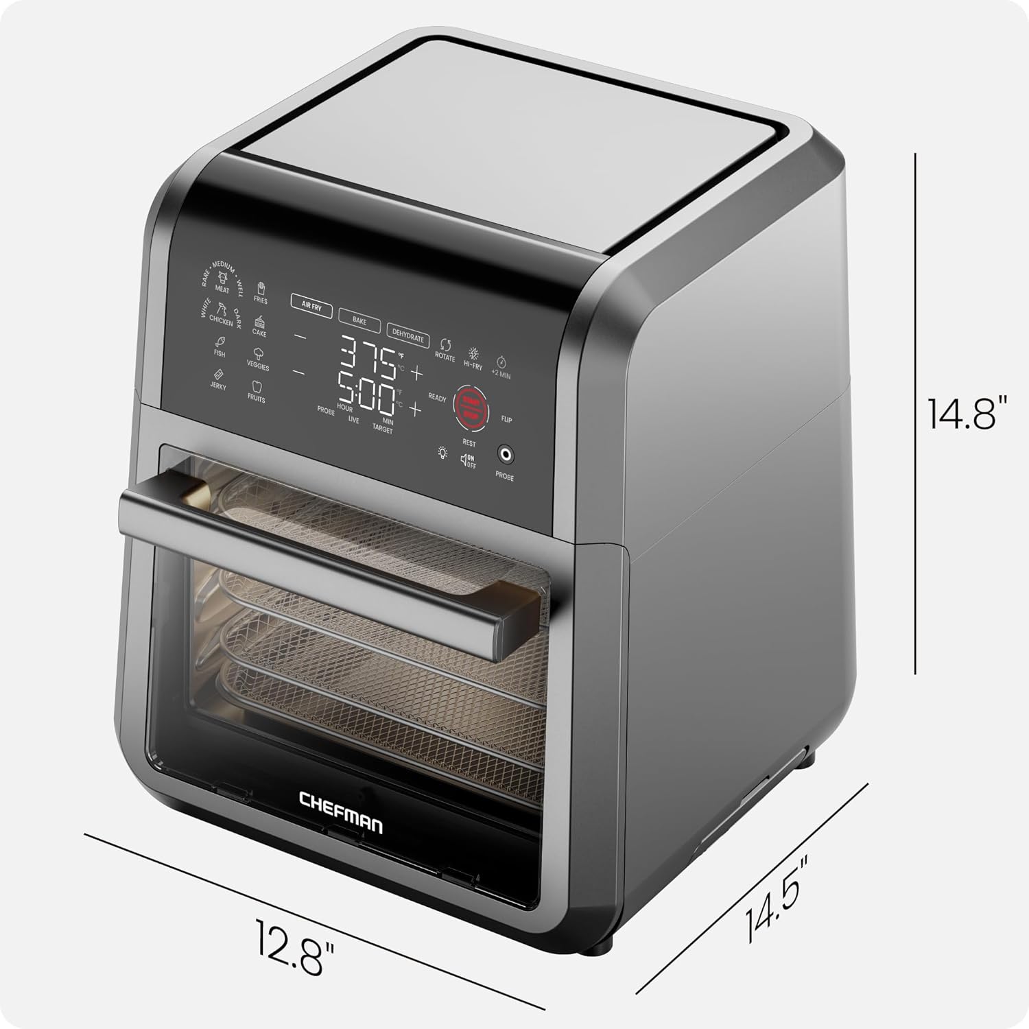 CHEFMAN ExacTemp™ 12 Quart 5-in-1 Air Fryer with Integrated Smart Cooking Thermometer, 28 Touchscreen Presets, Rotisserie, Dehydrator, Bake, XL Convection Oven with Auto Shutoff, Black image 9