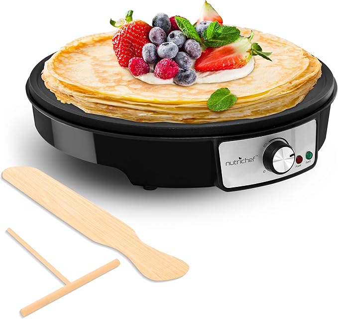 Nutrichef Electric Crepe Maker & Griddle Cooktop - Nonstick 12 Inch Aluminum Hot Plate with LED Indicator Lights & Adjustable Temperature Control - Wooden Spatula & Batter Spreader Included image 1
