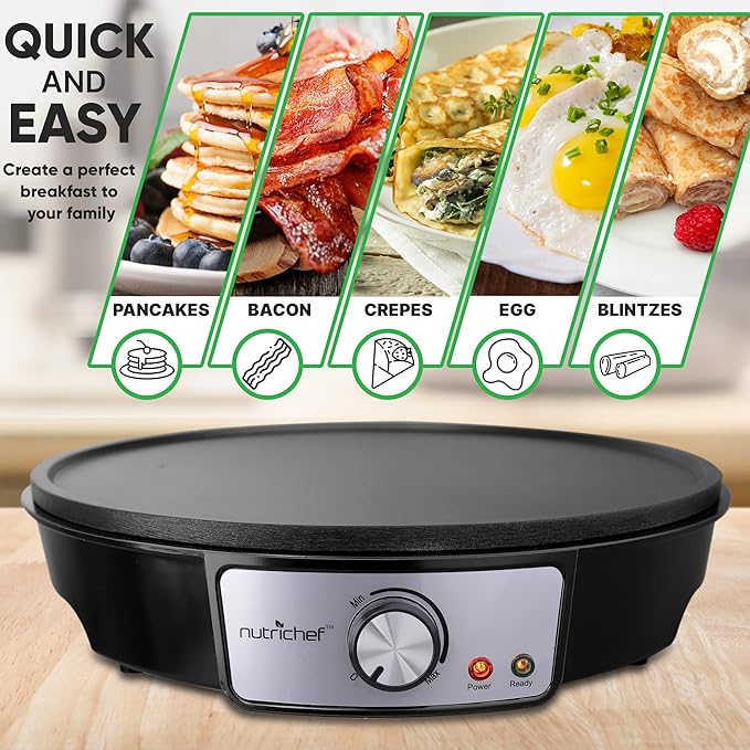 Nutrichef Electric Crepe Maker & Griddle Cooktop - Nonstick 12 Inch Aluminum Hot Plate with LED Indicator Lights & Adjustable Temperature Control - Wooden Spatula & Batter Spreader Included image 2