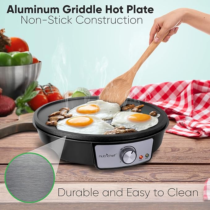 Nutrichef Electric Crepe Maker & Griddle Cooktop - Nonstick 12 Inch Aluminum Hot Plate with LED Indicator Lights & Adjustable Temperature Control - Wooden Spatula & Batter Spreader Included image 4