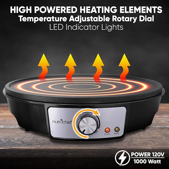 Nutrichef Electric Crepe Maker & Griddle Cooktop - Nonstick 12 Inch Aluminum Hot Plate with LED Indicator Lights & Adjustable Temperature Control - Wooden Spatula & Batter Spreader Included image 5