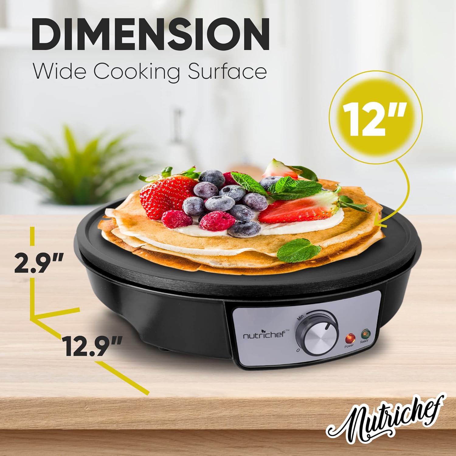 Nutrichef Electric Crepe Maker & Griddle Cooktop - Nonstick 12 Inch Aluminum Hot Plate with LED Indicator Lights & Adjustable Temperature Control - Wooden Spatula & Batter Spreader Included image 7