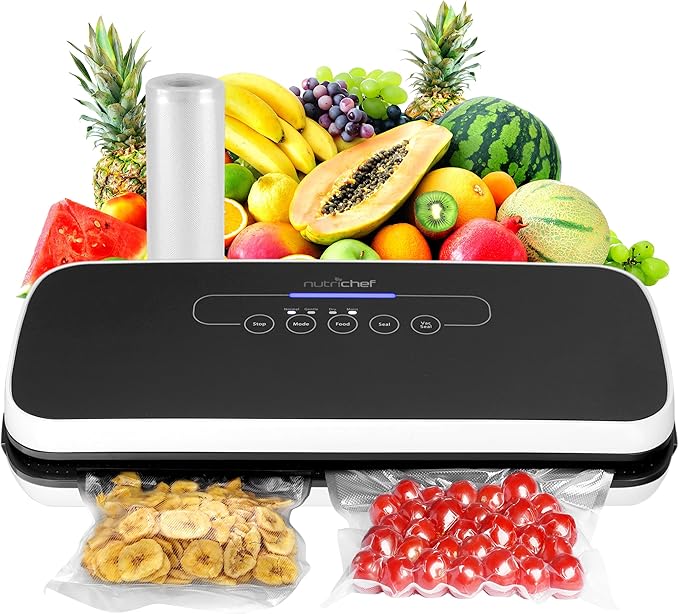 NutriChef Food Vacuum Sealer Machine - Automatic Air Sealing System for Dry & Moist Foods, LED Touch Controls, Includes Vacuum Bags, Hose & Wine Stopper, High Suction Power, 14"x6"x3", Black image 1