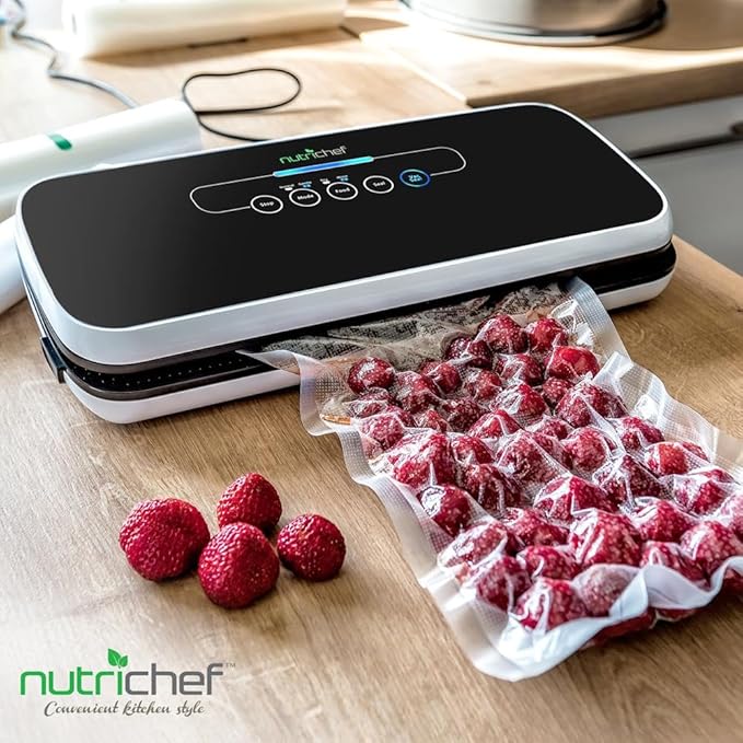 NutriChef Food Vacuum Sealer Machine - Automatic Air Sealing System for Dry & Moist Foods, LED Touch Controls, Includes Vacuum Bags, Hose & Wine Stopper, High Suction Power, 14"x6"x3", Black image 2