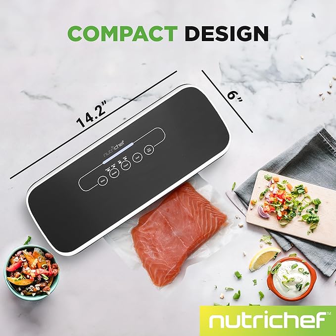 NutriChef Food Vacuum Sealer Machine - Automatic Air Sealing System for Dry & Moist Foods, LED Touch Controls, Includes Vacuum Bags, Hose & Wine Stopper, High Suction Power, 14"x6"x3", Black image 3