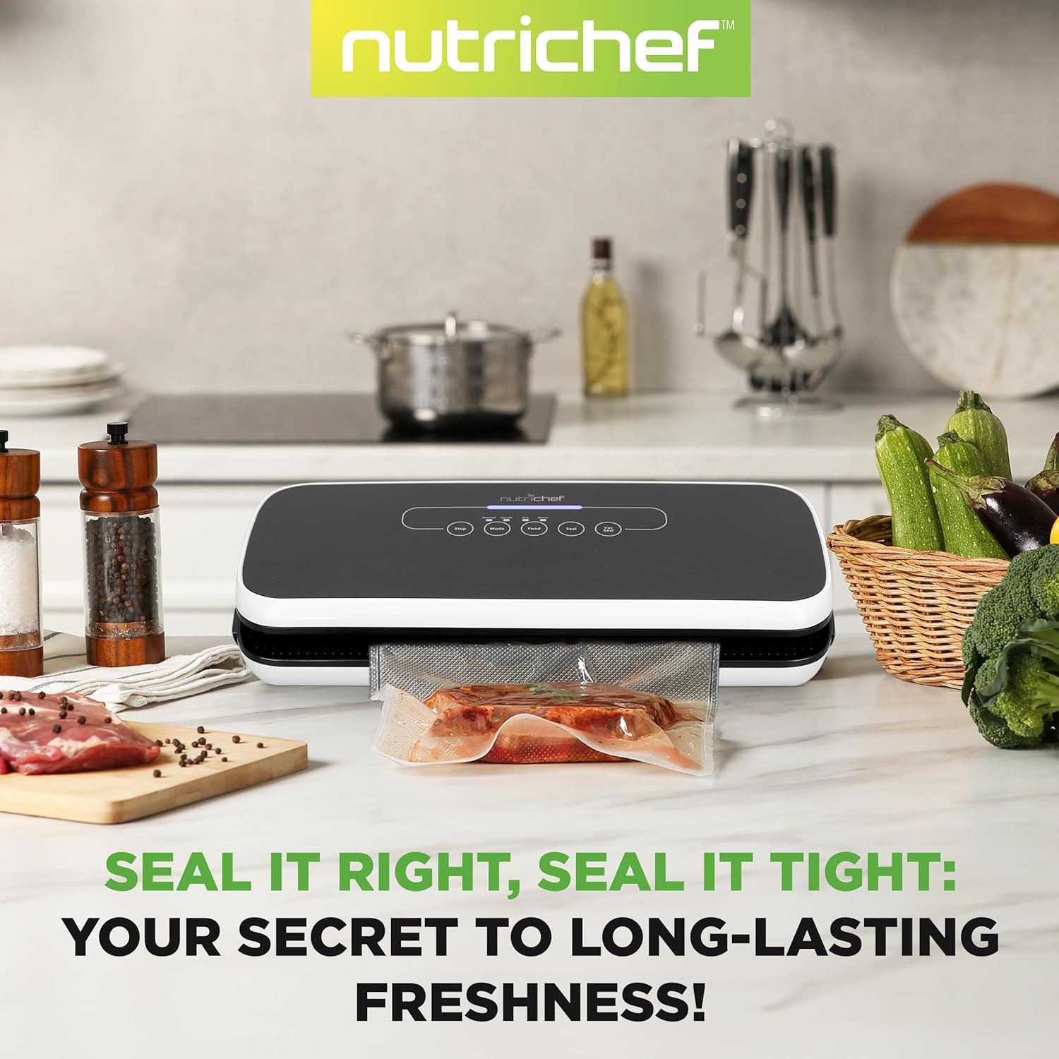 NutriChef Food Vacuum Sealer Machine - Automatic Air Sealing System for Dry & Moist Foods, LED Touch Controls, Includes Vacuum Bags, Hose & Wine Stopper, High Suction Power, 14"x6"x3", Black image 7