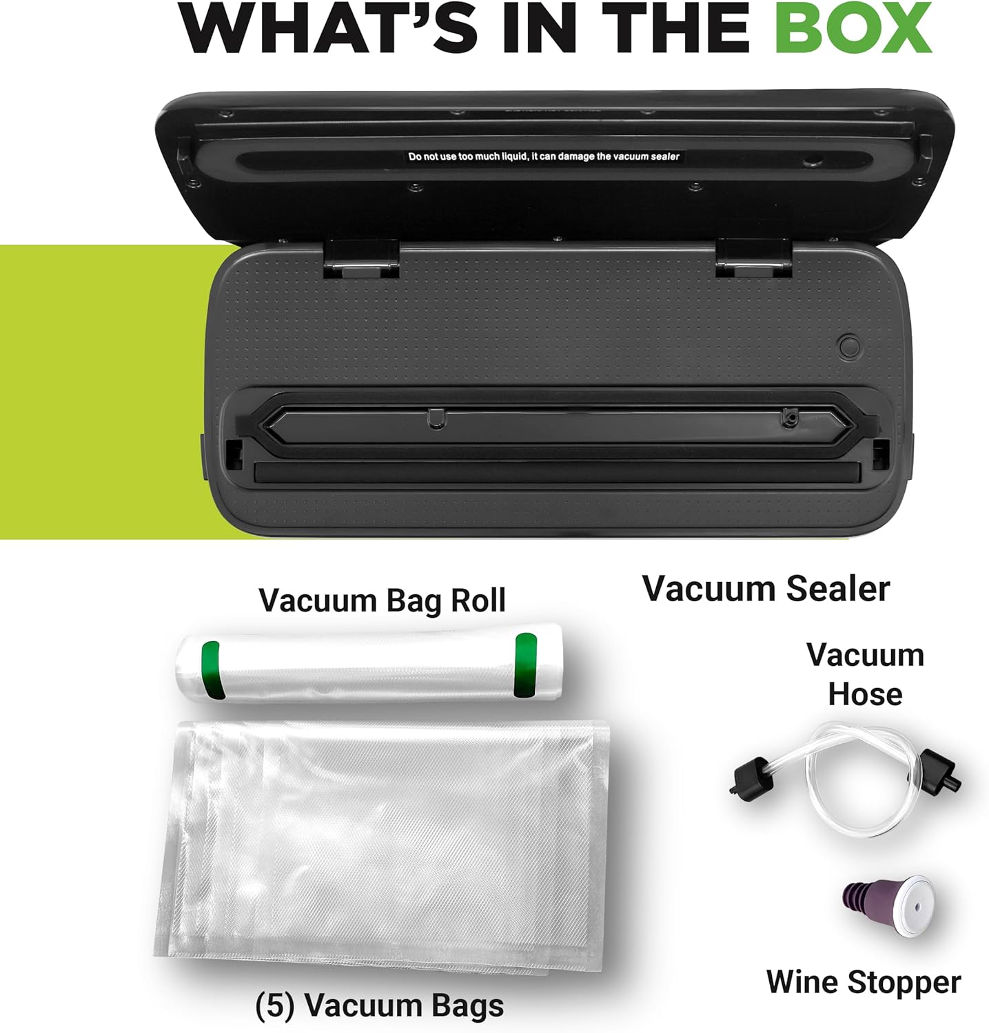 NutriChef Food Vacuum Sealer Machine - Automatic Air Sealing System for Dry & Moist Foods, LED Touch Controls, Includes Vacuum Bags, Hose & Wine Stopper, High Suction Power, 14"x6"x3", Black image 8
