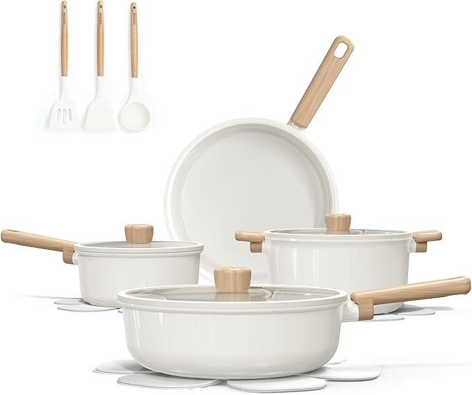 CAROTE 14Pcs Nonstick Ceramic Cookware Set, Non Toxic Cookware PFAS/PFOA Free, Cream White Pots and Pans Set Non Stick, Kitchen Cooking Pan Set, Large Capacity image 1
